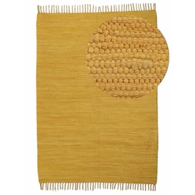 Abbildung von carpetfine Flickenteppich Kelim Chindi Uni Gelb 70x140 cm, handgewebt Fleckerlteppich aus Baumwolle für Wohnzimmermit Fransen