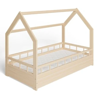Abbildung von ms factory Hausbett mit Matratze Kinderbett 80x160 cm Rausfallschutz und Lattenrost Einzelbett aus Kiefernholz für Mädchen Junge Natur Farblos