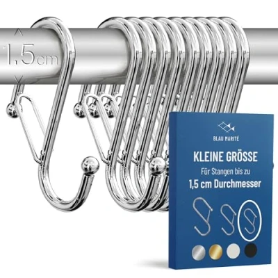 Abbildung von Blau Marité 10 Stück robuste S Haken aus Metall, rutschfeste mit Sicherheitsverschluss. Für Stangen bis zu 1,5 cm Durchmesser. Schränke, Bad, Küche und Garten. (KL, Silber)