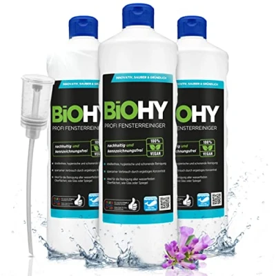 Abbildung von BiOHY Profi Fensterreiniger (3 x 1 Liter) + Dosierer Glasreiniger Konzentrat für Fenstersauger geeignet streifenfreie Reinigung von Glas , Fenster &amp; Spiegelflächen ideal Haushalt Auto