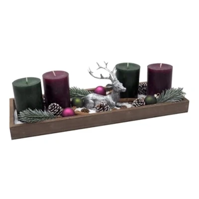 Abbildung von Adventsgesteck Tablett Braun Kerzen Grün Beere Hirsch Silber Weihnachten Deko
