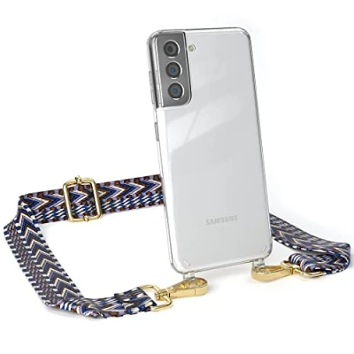 Abbildung von EAZY CASE Handykette Flexibler Trageriemen kompatibel mit Samsung Galaxy S21 5G, Schultergurt zum Umhängen, Taschenriemen, Band austauschen, Wechselgurt, Blau/Weiß Metall Gold