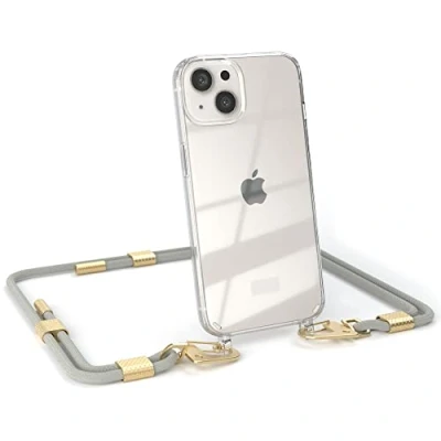 Abbildung von EAZY CASE Schutzhülle zum Umhängen kompatibel mit iPhone 13 Transparente Silikonhülle stylischen rundem Umhängeband, abnehmbar durch Karabiner, Gurt wechseln, Grau Taupe Clips Gold