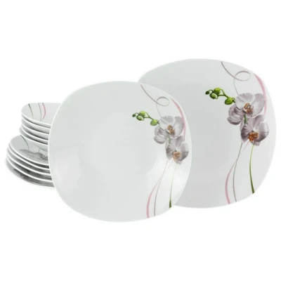 Abbildung von CreaTable, 24025, Serie Square Orchidee, 12 teiliges Geschirrset für 6 Personen, Tafelservice aus Porzellan, spülmaschinen und mikrowellengeeignet, Qualitätsproduktion