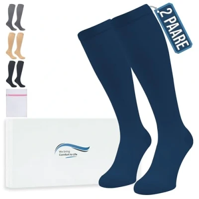 Abbildung von 360 Relief Kompressionsstrümpfe Damen und Herren 2 Paare Kompressionssocken Einfarbig für Sport, Laufen, Flug, Reise, Joggen, Radsport, Kniestrümpfe, L/XL Blau mit Wäschenetz