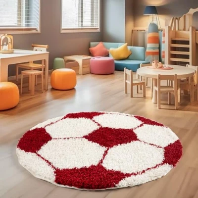 Abbildung von SIMPEX Hochflor Kinderteppich Rund Fußball Design Teppich Kinderzimmer Junge 120 cm Runder Rot und Weiß Spielteppich für Mädchen Extra Weich