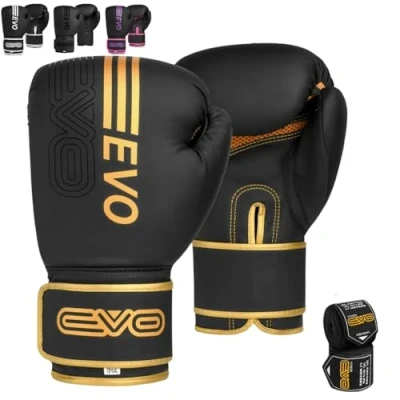 Abbildung von EVO Fitness Boxhandschuhe für Herren, Matt, Schwarz, MMA, Muay Thai, Kampfsport, Kickboxen, Sparring, Training, Kampfhandschuhe mit Handbandagen (Golden, 16 OZ)