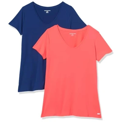 Abbildung von Amazon Essentials Damen Tech Stretch T Shirt mit kurzen Ärmeln und V Ausschnitt (erhältlich in Übergröße), 2er Pack, Korallenorange/Marineblau, XXL