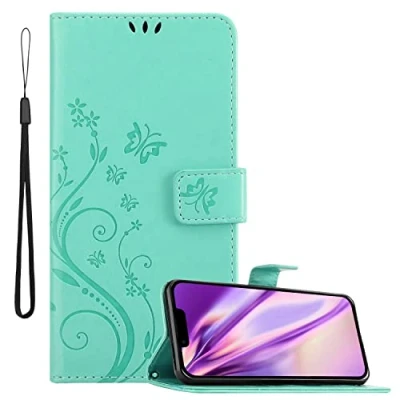 Abbildung von Cadorabo Hülle kompatibel mit Apple iPhone 14 Plus Blumen Design aus Kunst Leder Flip Klappbare Stoßfeste Magnetische [Standfunktion] [Kartenfächern] Cover für Tasche in Türkis