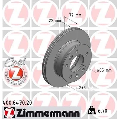Abbildung von ZIMMERMANN COAT Z 400.6470.20 Bremsscheibe 276 22 7/5 5 130 innenbelüftet beschichtet hochgekohlt MERCEDES BENZ: Sprinter 3 T Kastenwagen
