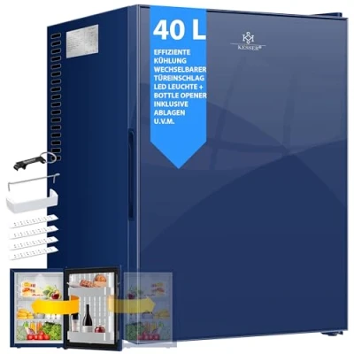 Abbildung von KESSER® Minikühlschrank mit Glasfront, Minibar 40Liter Nutzinhalt, Leise 22db, Schlafzimmer, Wechselbarer Türanschlag, ca. 6 12C Höhe 57cm, Innenbeleuchtung Tisch Kühlschrank + Glasöffner, Navyblau