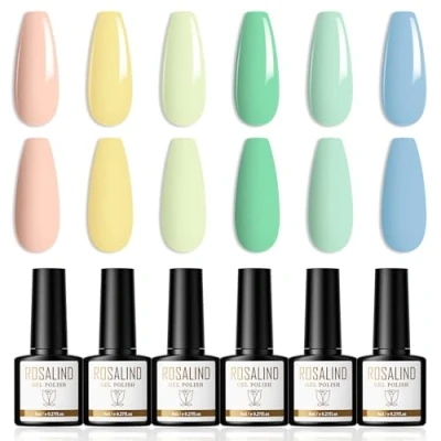 Abbildung von ROSALIND UV Nagellack Pastell 6 Farben Gel Makronen Shellac Rosa Gelb Grün Blau Gellack Lack Soak Off UV/LED Nail Polish Set Frühling Sommer Geeignet für Heimnagel DIY, Nagelstudio, 8ml