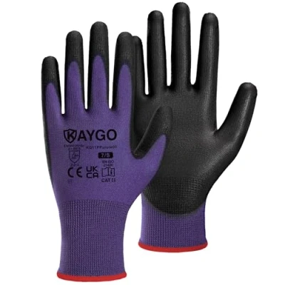 Abbildung von KAYGO 12 Paar Arbeitshandschuhe für Herren Damen, PU beschichtet Schutzhandschuhe, antirutsch Griff an Handflächen und Fingern, Geeignet DIY allgemeine Arbeit Gartenarbeit (Violett, S, Gr 7)