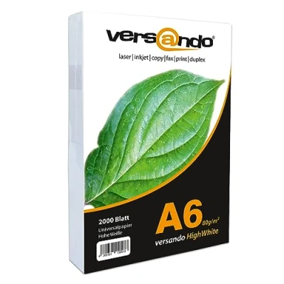 Abbildung von versando 2.000 Blatt Papier DIN A6 HighWhite 80 Druckerpapier Universalpapier Kopierpapier Rezeptpapier hochweiß (105 x 148 mm)