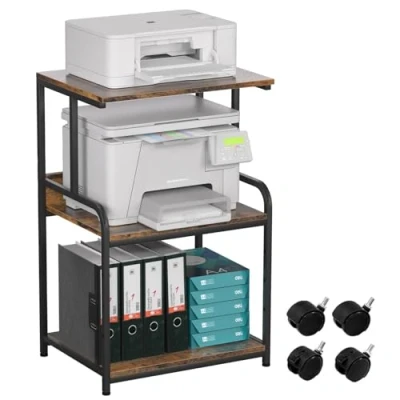 Abbildung von 3 stöckiger Druckerständer, Druckertisch mit Rollen, Metall Druckerwagen, Druckerregal für Büro, Zuhause, Schule und Arbeitszimmer, Druckerschrank Fax, Kopierer, Scanner (Holzfarbe)