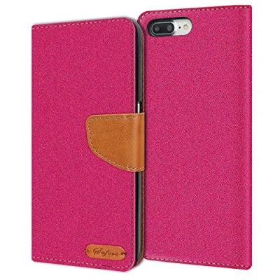 Abbildung von Verco für iPhone 8 Plus Hülle, Schutzhülle Apple 7 Tasche Denim Textil Book Case Flip Klapphülle Pink
