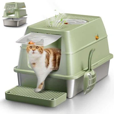 Abbildung von XXL Edelstahl Katzenklo geruchsfrei mit Deckel, große Katzentoilette aus Edelstahl, Geschlossen Katzen WC, auslaufsicher und leicht zu reinigen Grün