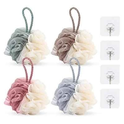 Abbildung von 4 Stück Netz Pouf Badeschwamm Mesh Luffa Körperpeeling Duschball Duschschwamm mit Wandhaken
