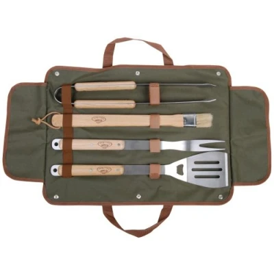 Abbildung von esschert design Grillbesteck Set, in der Tasche 4 teilig, Grillgabel Grillzange Wender Pinsel