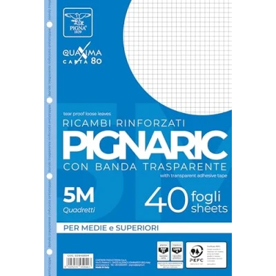 Abbildung von Pigna Spares Verstärkt mit transparentem Band, 5M Futter, 5 mm Quadrate für mittlere und höhere, 80 g / qm Papier, Packung 40 Blatt, weiß