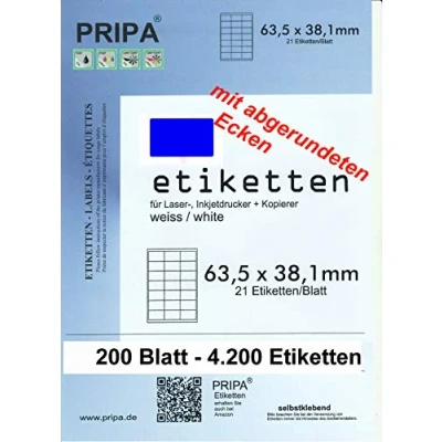 Abbildung von pripa Amazon FBA Versand abgerundetete Etiketten 63,5 x 38,1 mm 21 Stueck auf A4 200 Blatt DIN selbstklebende DHL Post