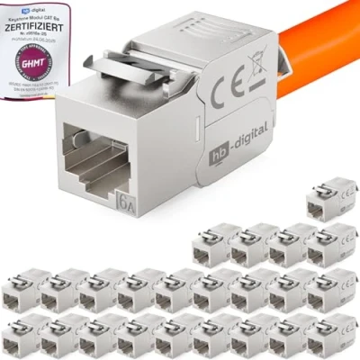 Abbildung von hb digital 24x CAT 6a Keystone RJ45 Modul Buchse für LAN Kabel GHMT Zertifiziert 10 Gbit/s bis 500 MHz AWG 22 24 werkzeuglos LSA vollgeschirmt STP Einbaubuchse Patchpanel und Netzwerkdose