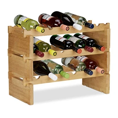 Abbildung von Relaxdays, Natur Weinregal stapelbar, Bambus Flaschenhalter für 18 Flaschen Wein, erweiterbarer Weinständer mit 3 Ebenen, Ablagen
