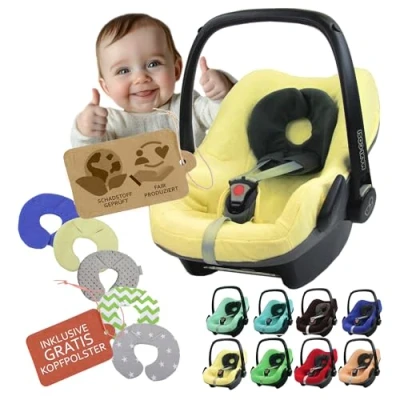 Abbildung von Frottee Sommerbezug [Schonbezug für Babyschale] Autositz kompatibel mit Maxi Cosi Pebble und Plus + GRATIS Kopfpolster (sonnengelb)