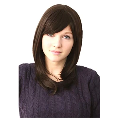 Abbildung von Prettyland Damen Schwarz braun lang haar Pony Perücke 50cm Mittellang Glatt Wie Echthaar C316
