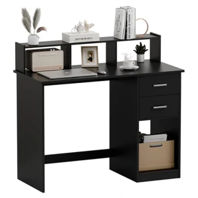 Abbildung von Mondeer Schreibtisch Computertisch (Schwarz), mit Aufbewahrungsschrank und 2 Schubladen, 105x94x48cm