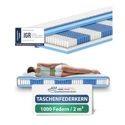 Abbildung von AM Qualitätsmatratzen 1000 Federn 7 Zonen Taschenfederkernmatratze 70x200 cm 24 Premiumhöhe 1.000 Matratze 70x200cm H3