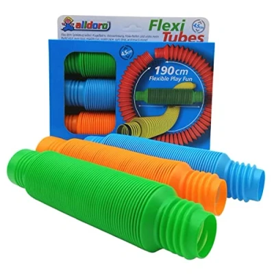 Abbildung von alldoro 60331 Flexi Tubes aus Kunststoff, 4,5 cm Durchmesser, 3 Stück bunt, Röhren mit ausziehbarer Länge 21 67cm