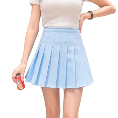 Abbildung von Hoerev Frauen Mädchen Kurze hohe Taille gefaltete Skater Tennis Schule Rock,Blau,38 / L