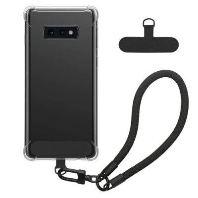Abbildung von kwmobile Handy TPU Case kompatibel mit Samsung Galaxy S10e Hülle Kristallklare Schutzhülle Kantenschutz und abnehmbarem Armband inkl. 2 Pads Transparent Schwarz