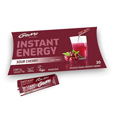 Abbildung von GoMo ENERGY® Getränkepulver mit Stevia gesüsst│ natürliches Kirsch Aroma │ Fruchtige Energie 80mg Koffein, Vitamin B Komplex hochdosiert und Niacin│SOUR CHERRY 30 Einzelportionen