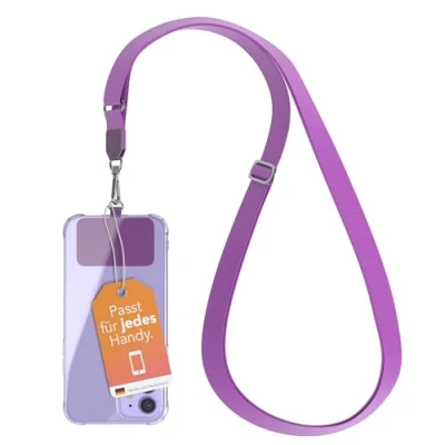 Abbildung von EAZY CASE Universal Handykette zum Umhängen geeignet für alle Smartphones Handyhüllen Kette Violett mit breitem Band Handyband jeder Hülle kombinierbar Smartphonekette in Lila