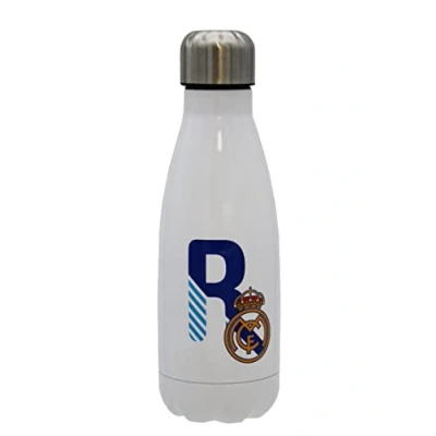 Abbildung von Real Madrid Wasserflasche aus Edelstahl, luftdicht, mit Buchstabe R in Blau, 550 ml, Weiß, offizielles Produkt (CyP Brands)