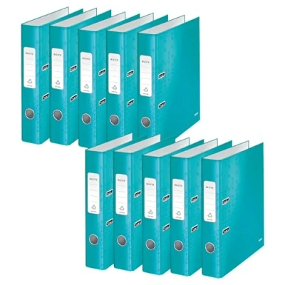 Abbildung von Leitz Qualitäts Ordner 180, 10er Pack, A4, schmal, 5,2 cm Rückenbreite, laminierte Graupappe, Eisblau, WOW Serie, 10060051