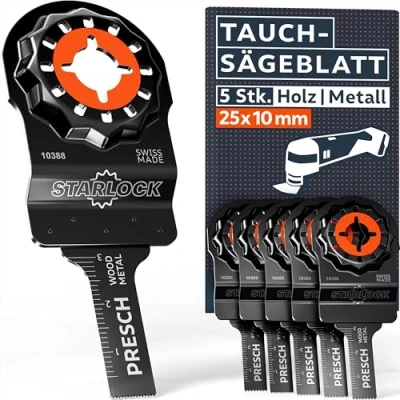 Abbildung von Presch Multitool Sägeblätter Holz &amp; Metall 25x10mm 5 Stk. Starlock für werkzeuglosen Wechsel Exakte Schnitte dank robuster BI Zähne gekröpfter Form Präzise Tauchsägeblätter