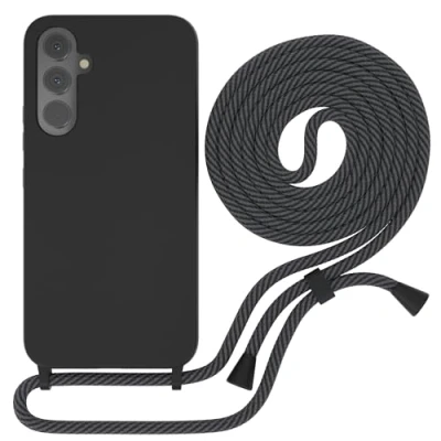 Abbildung von EAZY CASE Premium Silikon Handykette kompatibel mit Samsung Galaxy A54 Handyhülle Kette und Kameraschutz, weich TPU Hülle in Schwarz Kordel Anthrazit Clips Black