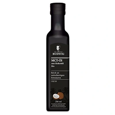 Abbildung von Dr. Budwig® MCT Öl Bio Kokosöl nativ kaltgepresst (250ml) reich an C8 &amp; C10 Fettsäuren Für vegane ketogene Ernährung flüssig geschmacksneutral Oil Ketone zum trinken