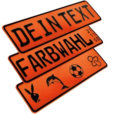 Abbildung von L &amp; P Car Design FKZ 1 Stück Fun Kennzeichen 52cm x 11cm Wunschtext Bohrung Beschichtungsfarbe Individuell Wunschkennzeichen Wunschprägung Namenskennzeichen Namensschild Farbe ORANGE