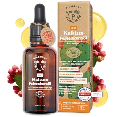 Abbildung von Bionoble Kaktusfeigenkernöl Bio 30ml 100% Rein, Natürlich, Kaltgepresst Gesicht, Körper, Haare, Bart, Nägel Vegan und Cruelty Free Prickly Pear Seed Oil Glasflasche + Pipette