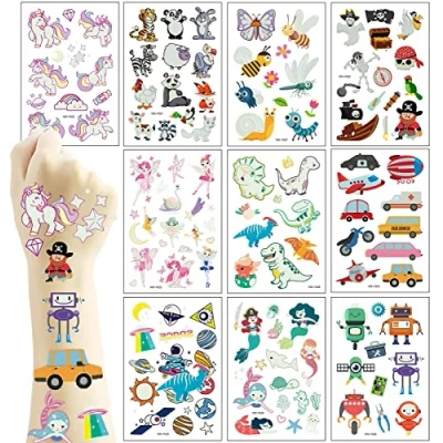 Abbildung von Deen Kinder Tattoo 10 Blätter Set,Leucht Gemischte Aufkleber Kindertattoos Sticker für Jungen Mädchen Mitgebsel Kindergeburtstag Gastgeschenke Geburtstagsdeko Party Geschenke Deko
