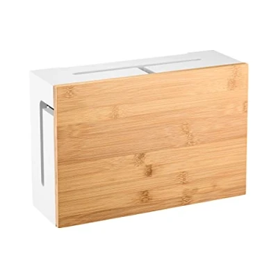 Abbildung von Kabelmanagement Box mit magnetischem Bambus Deckel und Kabelbindern Elegante, langlebige Kabel Organisationsbox zum Verstecken von Steckdosenleisten Wandmontierbare Kabelbox Weiss