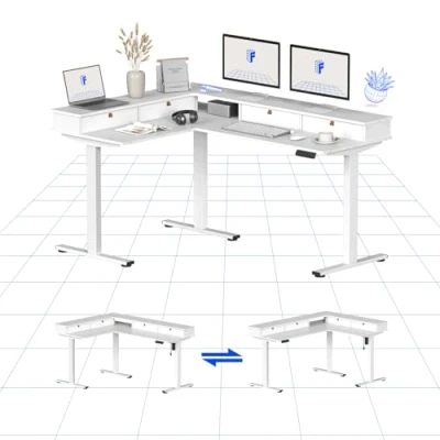 Abbildung von FLEXISPOT Höhenverstellbarer Schreibtisch Elektrisch, L förmiger mit flexiblem Design und Stauraum, Eckschreibtisch Schublade(Weiß)
