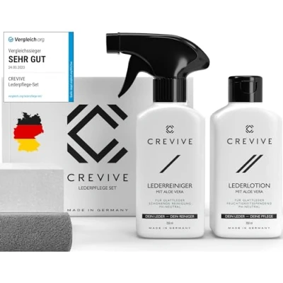 Abbildung von CREVIVE Lederpflegeset (SPARSET, Lederreiniger + Lederpflege 1x Schwamm 2x Tuch), mit Aloe Vera, Sofa, für Ledercouch, Auto