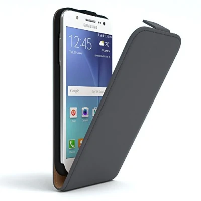 Abbildung von EAZY Case Hülle kompatibel mit Samsung Galaxy J5 (2015) Flip Cover zum Aufklappen, Handyhülle aufklappbar, Schutzhülle, Flipcase, Flipstyle vertikal klappbar, Kunstleder, Anthrazit
