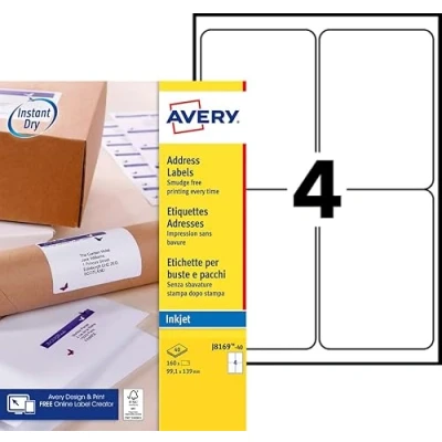 Abbildung von Avery Selbstklebende Versandetiketten, Tintenstrahldrucker, 4 Etiketten pro A4 Blatt, 160 Etiketten, QuickDRY (J8169)