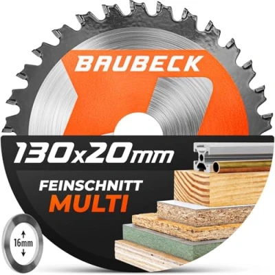 Abbildung von BAUBECK Sägeblatt 130x16 +20mm Adapter, 36Z, 1.5mm Feinschnitt in Holz &amp; Alu kompatibel mit Akku Handkreissägen und Tauchsägen Kreissägeblatt 130x16, 130x20